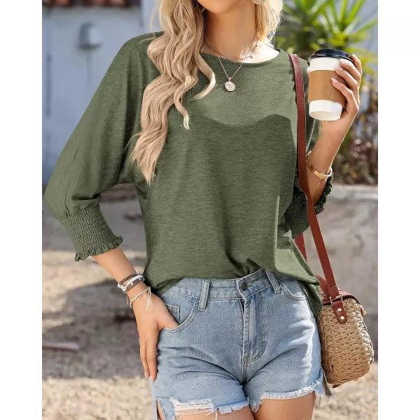 BTFBM Casual Tops for Women Dressy 2024 Summer Fall T Shirts 34 Puff Sleeve Crewneck Loose Babydoll BlousesSolid Army Green