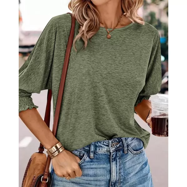 BTFBM Casual Tops for Women Dressy 2024 Summer Fall T Shirts 34 Puff Sleeve Crewneck Loose Babydoll BlousesSolid Army Green
