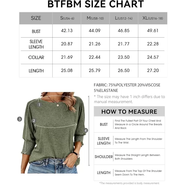 BTFBM Casual Tops for Women Dressy 2024 Summer Fall T Shirts 34 Puff Sleeve Crewneck Loose Babydoll BlousesSolid Army Green