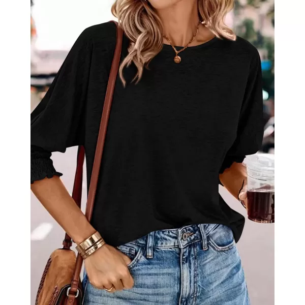 BTFBM Casual Tops for Women Dressy 2024 Summer Fall T Shirts 34 Puff Sleeve Crewneck Loose Babydoll BlousesSolid Black