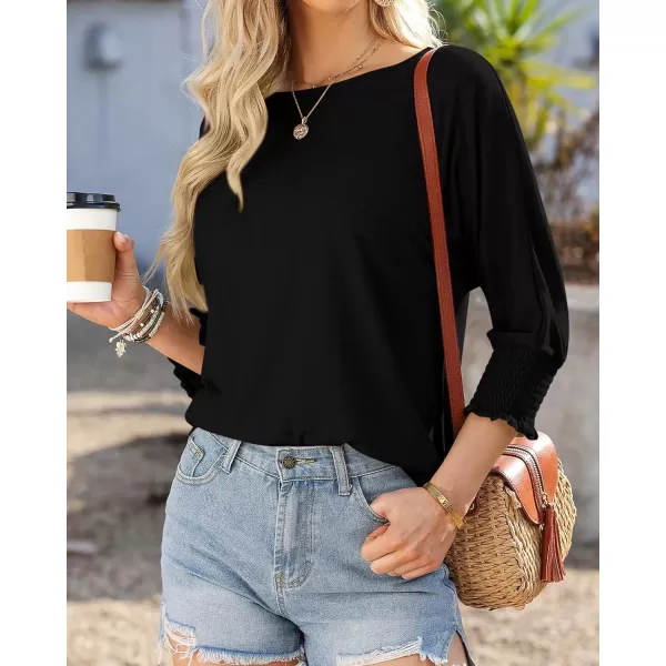 BTFBM Casual Tops for Women Dressy 2024 Summer Fall T Shirts 34 Puff Sleeve Crewneck Loose Babydoll BlousesSolid Black