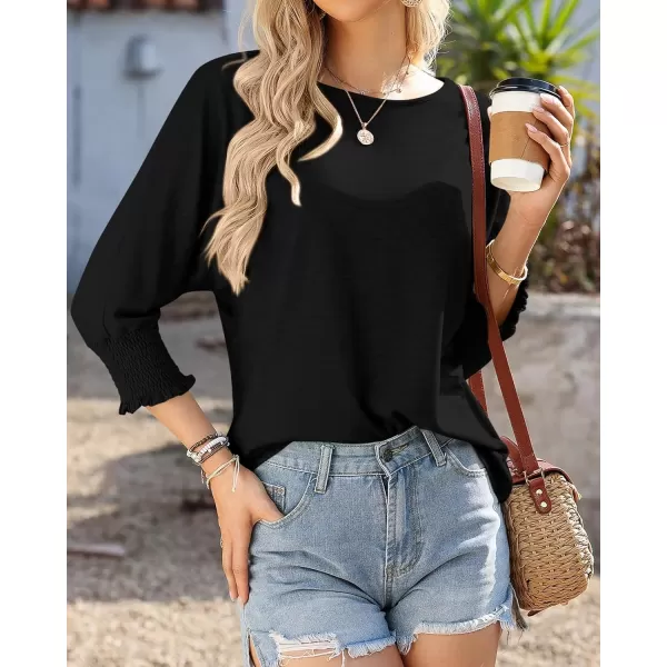 BTFBM Casual Tops for Women Dressy 2024 Summer Fall T Shirts 34 Puff Sleeve Crewneck Loose Babydoll BlousesSolid Black