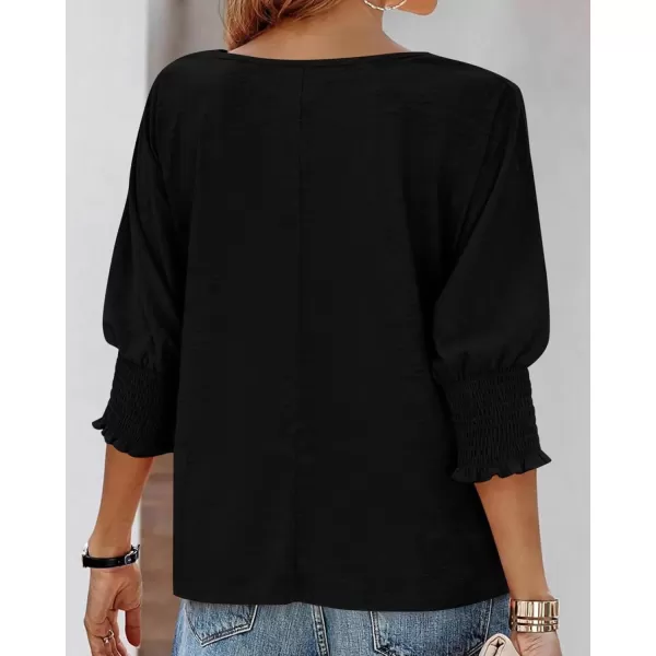 BTFBM Casual Tops for Women Dressy 2024 Summer Fall T Shirts 34 Puff Sleeve Crewneck Loose Babydoll BlousesSolid Black