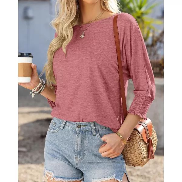 BTFBM Casual Tops for Women Dressy 2024 Summer Fall T Shirts 34 Puff Sleeve Crewneck Loose Babydoll BlousesSolid Dusty Pink