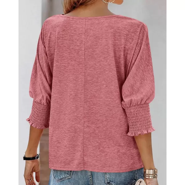 BTFBM Casual Tops for Women Dressy 2024 Summer Fall T Shirts 34 Puff Sleeve Crewneck Loose Babydoll BlousesSolid Dusty Pink