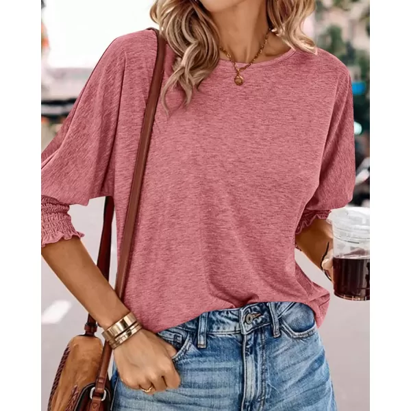 BTFBM Casual Tops for Women Dressy 2024 Summer Fall T Shirts 34 Puff Sleeve Crewneck Loose Babydoll BlousesSolid Dusty Pink