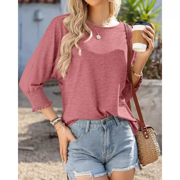 BTFBM Casual Tops for Women Dressy 2024 Summer Fall T Shirts 34 Puff Sleeve Crewneck Loose Babydoll BlousesSolid Dusty Pink