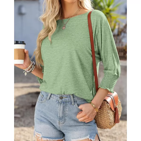 BTFBM Casual Tops for Women Dressy 2024 Summer Fall T Shirts 34 Puff Sleeve Crewneck Loose Babydoll BlousesSolid Grass Green