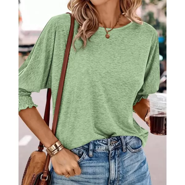 BTFBM Casual Tops for Women Dressy 2024 Summer Fall T Shirts 34 Puff Sleeve Crewneck Loose Babydoll BlousesSolid Grass Green
