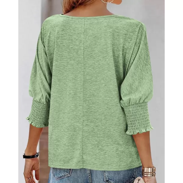 BTFBM Casual Tops for Women Dressy 2024 Summer Fall T Shirts 34 Puff Sleeve Crewneck Loose Babydoll BlousesSolid Grass Green