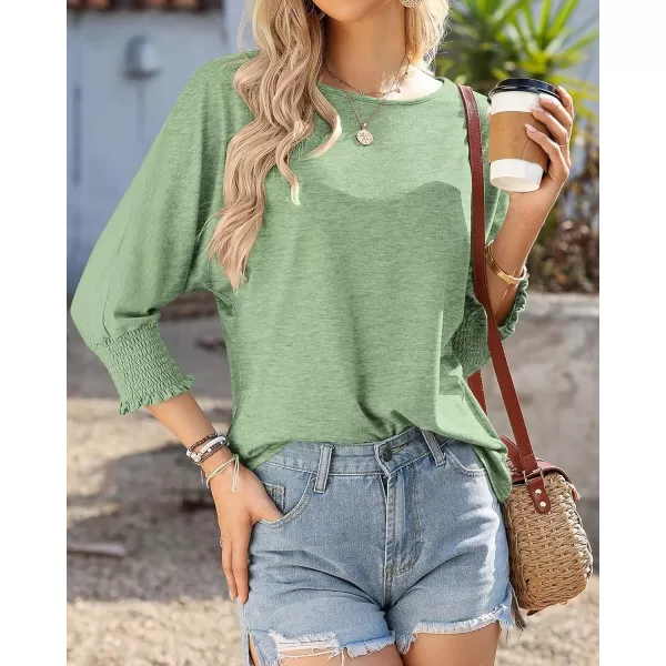 BTFBM Casual Tops for Women Dressy 2024 Summer Fall T Shirts 34 Puff Sleeve Crewneck Loose Babydoll BlousesSolid Grass Green