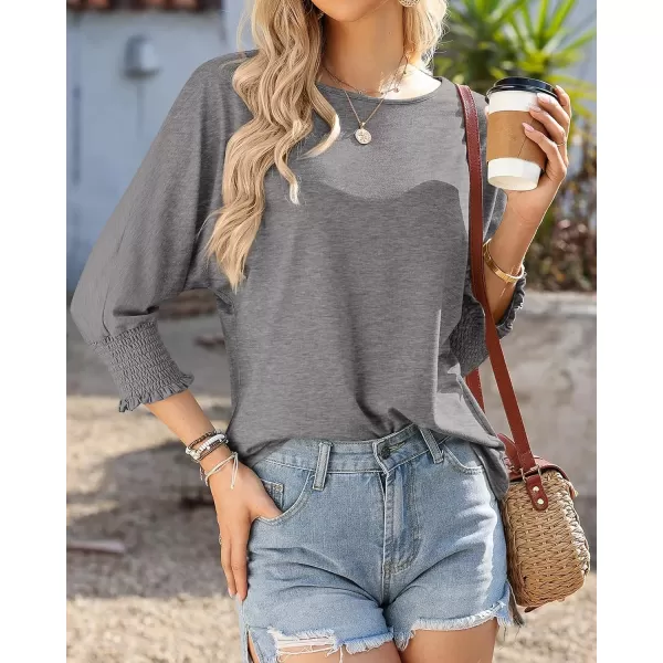 BTFBM Casual Tops for Women Dressy 2024 Summer Fall T Shirts 34 Puff Sleeve Crewneck Loose Babydoll BlousesSolid Grey