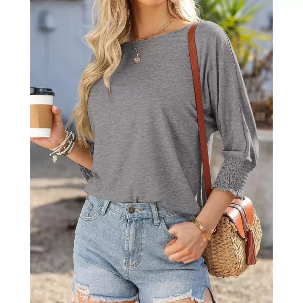 BTFBM Casual Tops for Women Dressy 2024 Summer Fall T Shirts 34 Puff Sleeve Crewneck Loose Babydoll BlousesSolid Grey