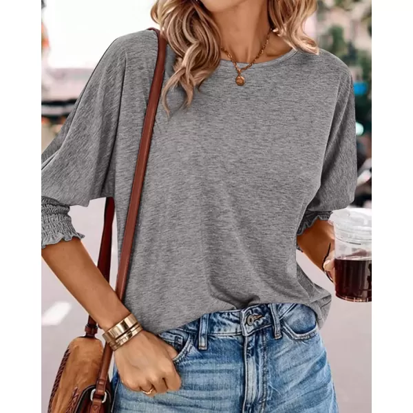 BTFBM Casual Tops for Women Dressy 2024 Summer Fall T Shirts 34 Puff Sleeve Crewneck Loose Babydoll BlousesSolid Grey