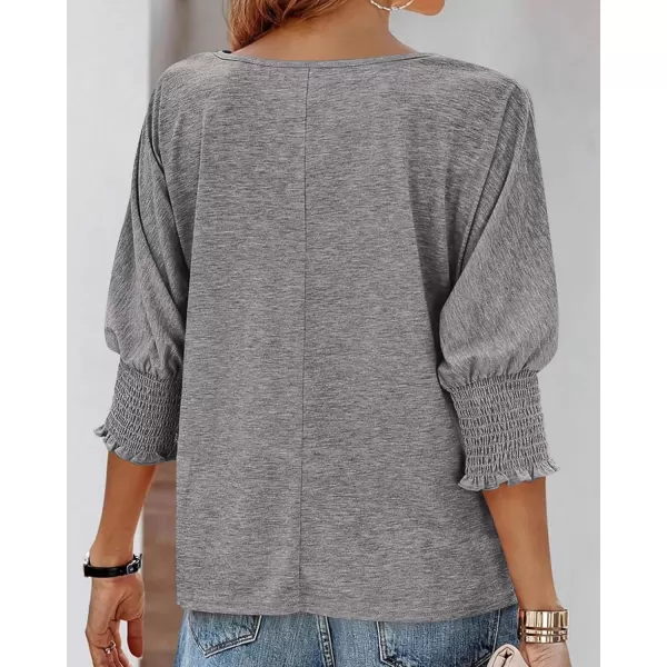 BTFBM Casual Tops for Women Dressy 2024 Summer Fall T Shirts 34 Puff Sleeve Crewneck Loose Babydoll BlousesSolid Grey