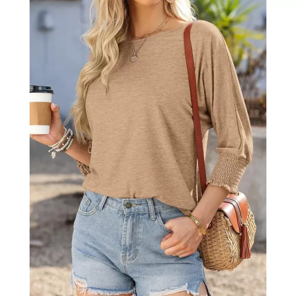 BTFBM Casual Tops for Women Dressy 2024 Summer Fall T Shirts 34 Puff Sleeve Crewneck Loose Babydoll BlousesSolid Khaki