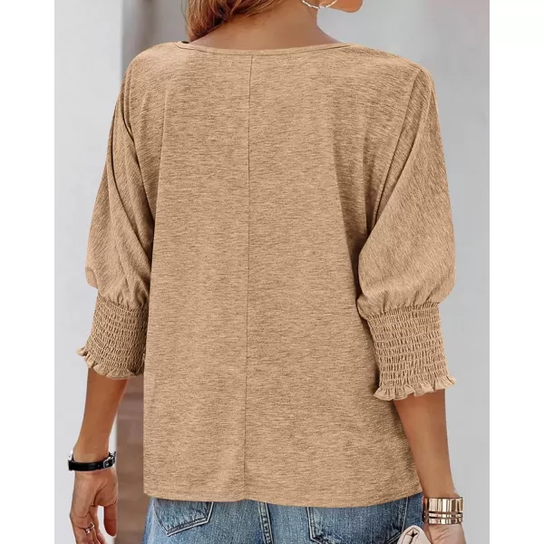 BTFBM Casual Tops for Women Dressy 2024 Summer Fall T Shirts 34 Puff Sleeve Crewneck Loose Babydoll BlousesSolid Khaki