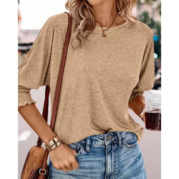 BTFBM Casual Tops for Women Dressy 2024 Summer Fall T Shirts 34 Puff Sleeve Crewneck Loose Babydoll BlousesSolid Khaki