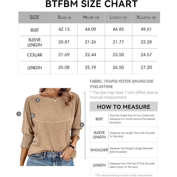 BTFBM Casual Tops for Women Dressy 2024 Summer Fall T Shirts 34 Puff Sleeve Crewneck Loose Babydoll BlousesSolid Khaki
