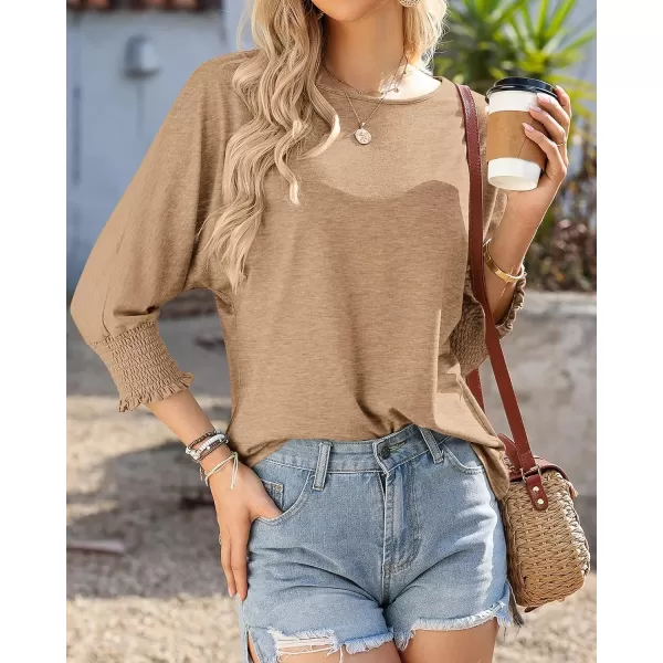 BTFBM Casual Tops for Women Dressy 2024 Summer Fall T Shirts 34 Puff Sleeve Crewneck Loose Babydoll BlousesSolid Khaki
