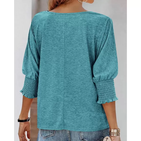 BTFBM Casual Tops for Women Dressy 2024 Summer Fall T Shirts 34 Puff Sleeve Crewneck Loose Babydoll BlousesSolid Lake Blue