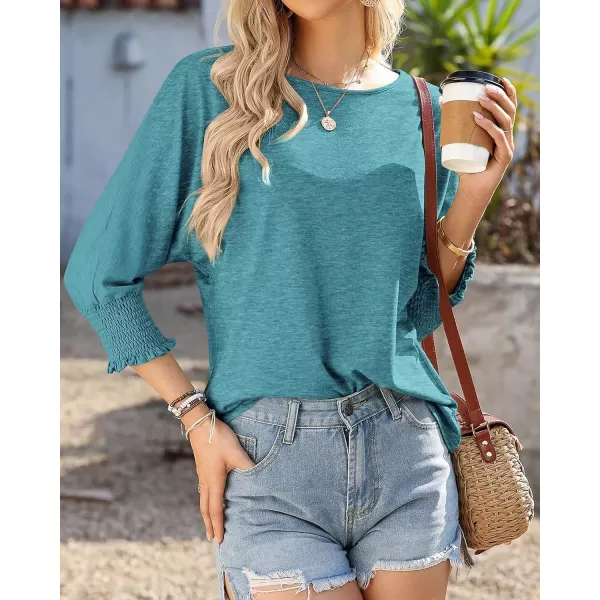 BTFBM Casual Tops for Women Dressy 2024 Summer Fall T Shirts 34 Puff Sleeve Crewneck Loose Babydoll BlousesSolid Lake Blue