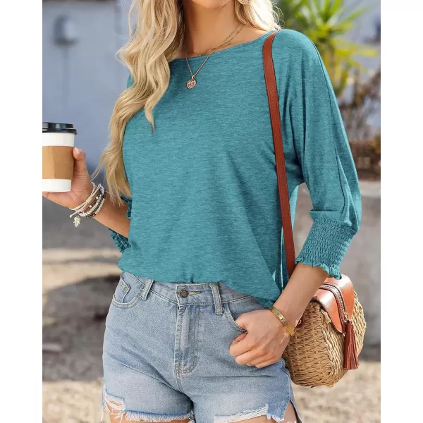 BTFBM Casual Tops for Women Dressy 2024 Summer Fall T Shirts 34 Puff Sleeve Crewneck Loose Babydoll BlousesSolid Lake Blue
