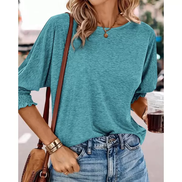 BTFBM Casual Tops for Women Dressy 2024 Summer Fall T Shirts 34 Puff Sleeve Crewneck Loose Babydoll BlousesSolid Lake Blue