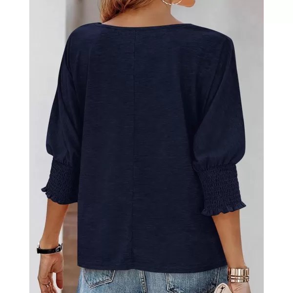 BTFBM Casual Tops for Women Dressy 2024 Summer Fall T Shirts 34 Puff Sleeve Crewneck Loose Babydoll BlousesSolid Navy