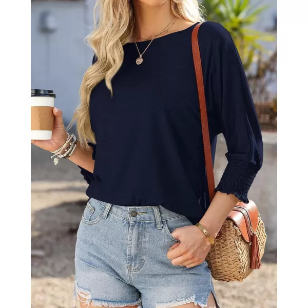 BTFBM Casual Tops for Women Dressy 2024 Summer Fall T Shirts 34 Puff Sleeve Crewneck Loose Babydoll BlousesSolid Navy