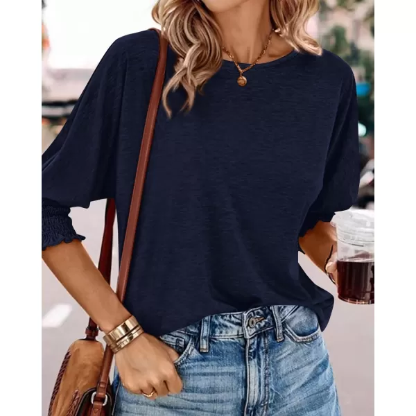 BTFBM Casual Tops for Women Dressy 2024 Summer Fall T Shirts 34 Puff Sleeve Crewneck Loose Babydoll BlousesSolid Navy