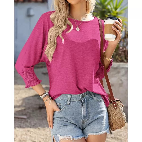BTFBM Casual Tops for Women Dressy 2024 Summer Fall T Shirts 34 Puff Sleeve Crewneck Loose Babydoll BlousesSolid Rose Red