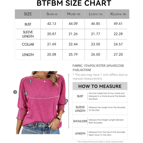 BTFBM Casual Tops for Women Dressy 2024 Summer Fall T Shirts 34 Puff Sleeve Crewneck Loose Babydoll BlousesSolid Rose Red