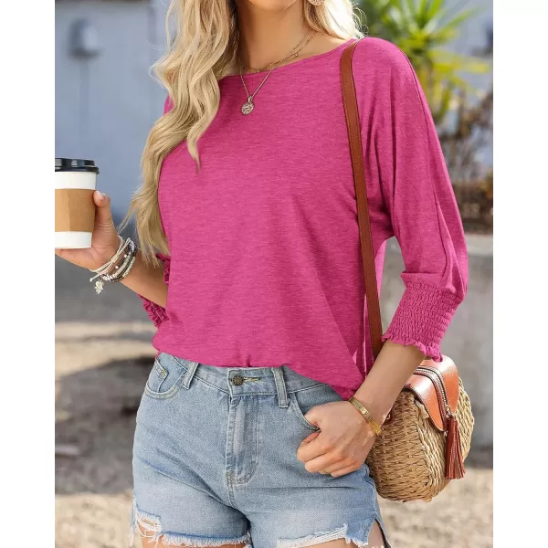 BTFBM Casual Tops for Women Dressy 2024 Summer Fall T Shirts 34 Puff Sleeve Crewneck Loose Babydoll BlousesSolid Rose Red