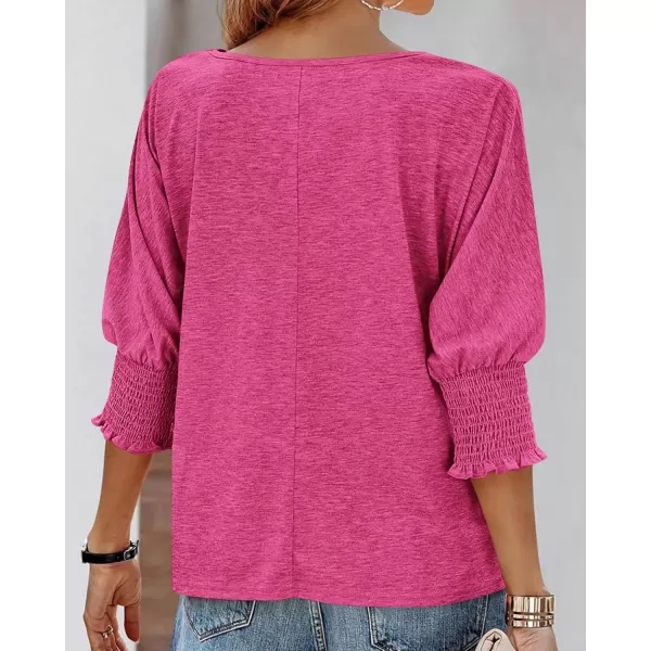 BTFBM Casual Tops for Women Dressy 2024 Summer Fall T Shirts 34 Puff Sleeve Crewneck Loose Babydoll BlousesSolid Rose Red