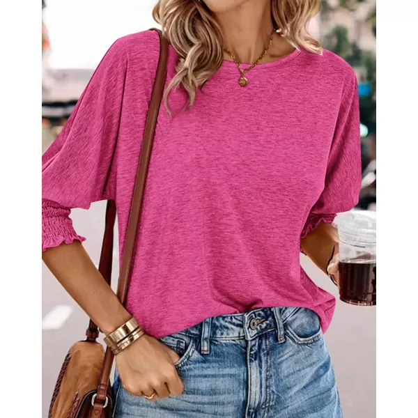 BTFBM Casual Tops for Women Dressy 2024 Summer Fall T Shirts 34 Puff Sleeve Crewneck Loose Babydoll BlousesSolid Rose Red