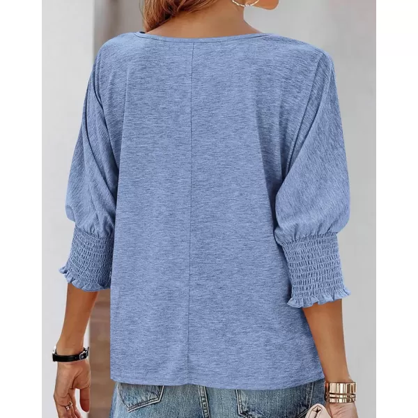 BTFBM Casual Tops for Women Dressy 2024 Summer Fall T Shirts 34 Puff Sleeve Crewneck Loose Babydoll BlousesSolid Sky Blue