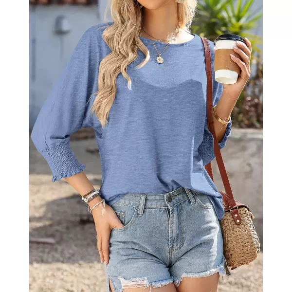BTFBM Casual Tops for Women Dressy 2024 Summer Fall T Shirts 34 Puff Sleeve Crewneck Loose Babydoll BlousesSolid Sky Blue