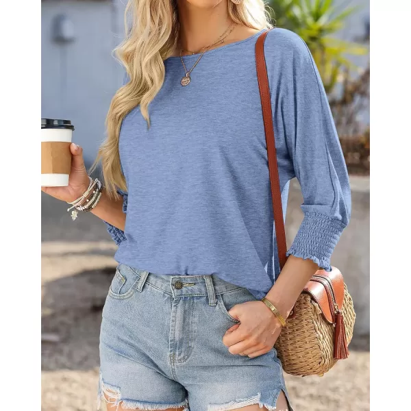 BTFBM Casual Tops for Women Dressy 2024 Summer Fall T Shirts 34 Puff Sleeve Crewneck Loose Babydoll BlousesSolid Sky Blue