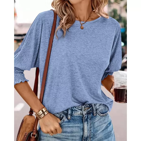 BTFBM Casual Tops for Women Dressy 2024 Summer Fall T Shirts 34 Puff Sleeve Crewneck Loose Babydoll BlousesSolid Sky Blue