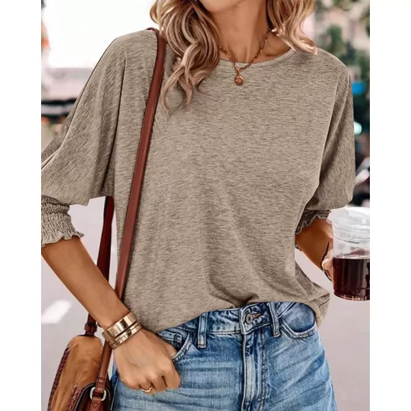 BTFBM Casual Tops for Women Dressy 2024 Summer Fall T Shirts 34 Puff Sleeve Crewneck Loose Babydoll BlousesSolid Taupe
