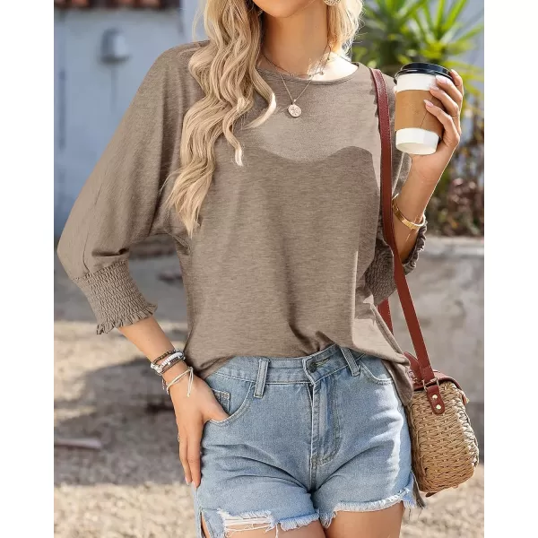 BTFBM Casual Tops for Women Dressy 2024 Summer Fall T Shirts 34 Puff Sleeve Crewneck Loose Babydoll BlousesSolid Taupe