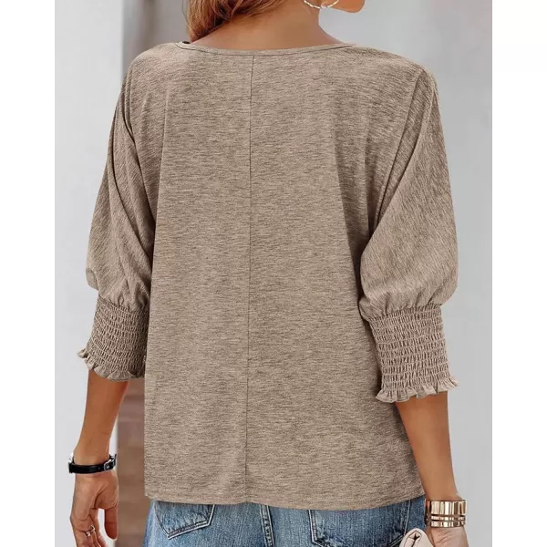 BTFBM Casual Tops for Women Dressy 2024 Summer Fall T Shirts 34 Puff Sleeve Crewneck Loose Babydoll BlousesSolid Taupe