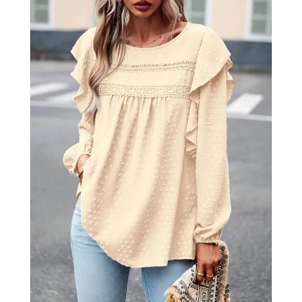 BTFBM Long Sleeve Blouses for Women Dressy Casual Crew Neck Ruffle Crochet Loose Tunic Shirts Swiss Dot Fall Tops 2024Solid Beige