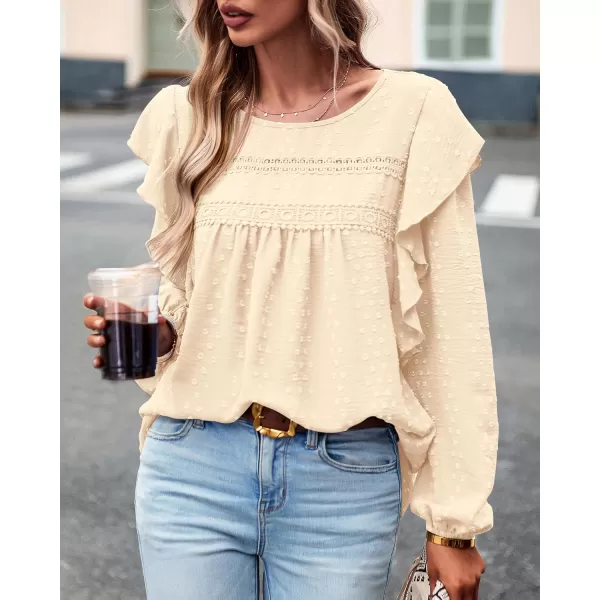 BTFBM Long Sleeve Blouses for Women Dressy Casual Crew Neck Ruffle Crochet Loose Tunic Shirts Swiss Dot Fall Tops 2024Solid Beige