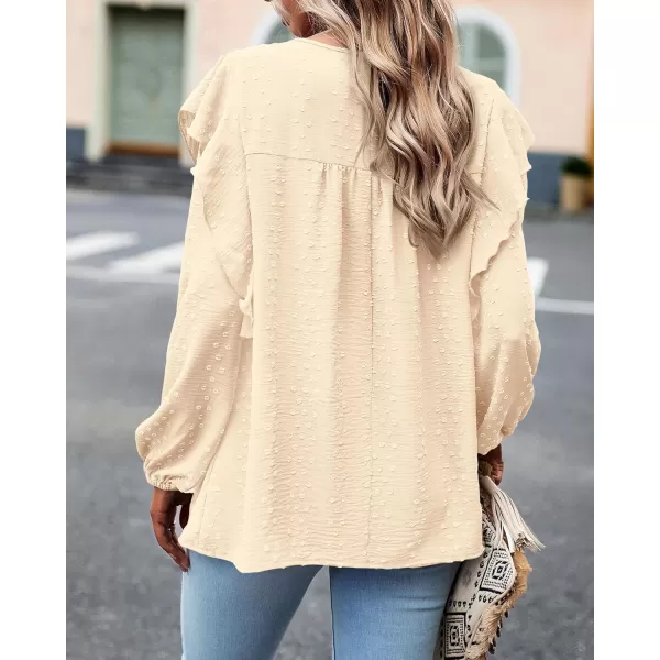 BTFBM Long Sleeve Blouses for Women Dressy Casual Crew Neck Ruffle Crochet Loose Tunic Shirts Swiss Dot Fall Tops 2024Solid Beige