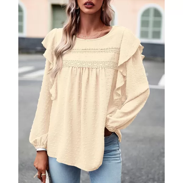 BTFBM Long Sleeve Blouses for Women Dressy Casual Crew Neck Ruffle Crochet Loose Tunic Shirts Swiss Dot Fall Tops 2024Solid Beige
