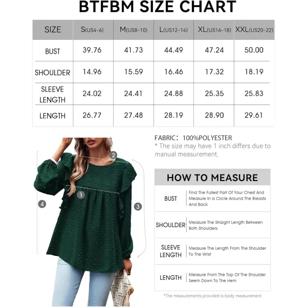 BTFBM Long Sleeve Blouses for Women Dressy Casual Crew Neck Ruffle Crochet Loose Tunic Shirts Swiss Dot Fall Tops 2024Solid Dark Green