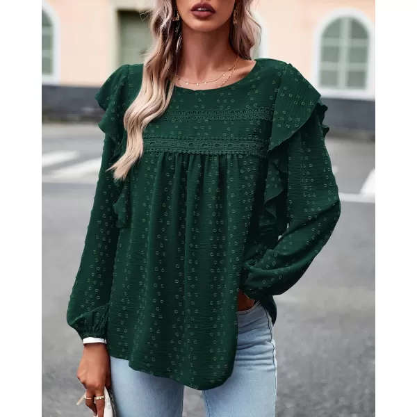 BTFBM Long Sleeve Blouses for Women Dressy Casual Crew Neck Ruffle Crochet Loose Tunic Shirts Swiss Dot Fall Tops 2024Solid Dark Green