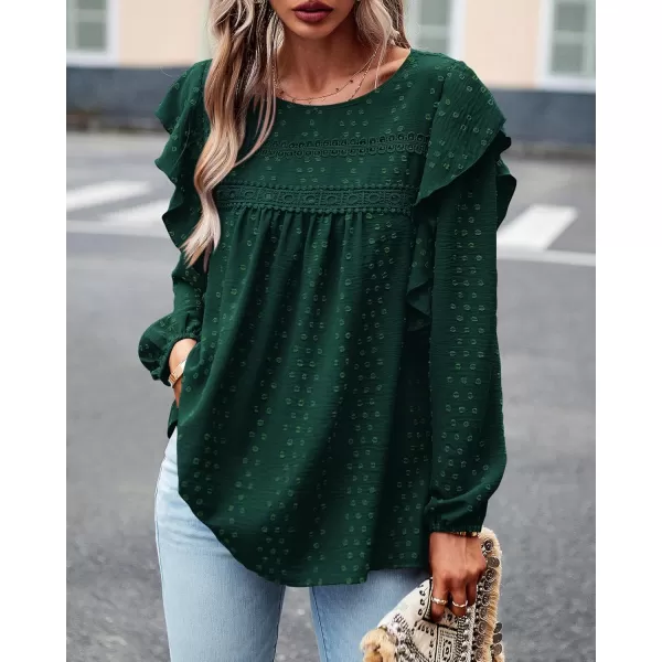 BTFBM Long Sleeve Blouses for Women Dressy Casual Crew Neck Ruffle Crochet Loose Tunic Shirts Swiss Dot Fall Tops 2024Solid Dark Green